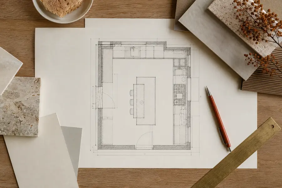 Plan de cuisine dessiné sur une table d’architecte