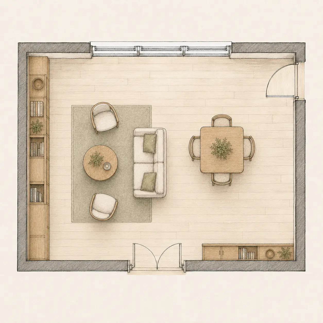 Plan 2D salon avec rangements intégrés