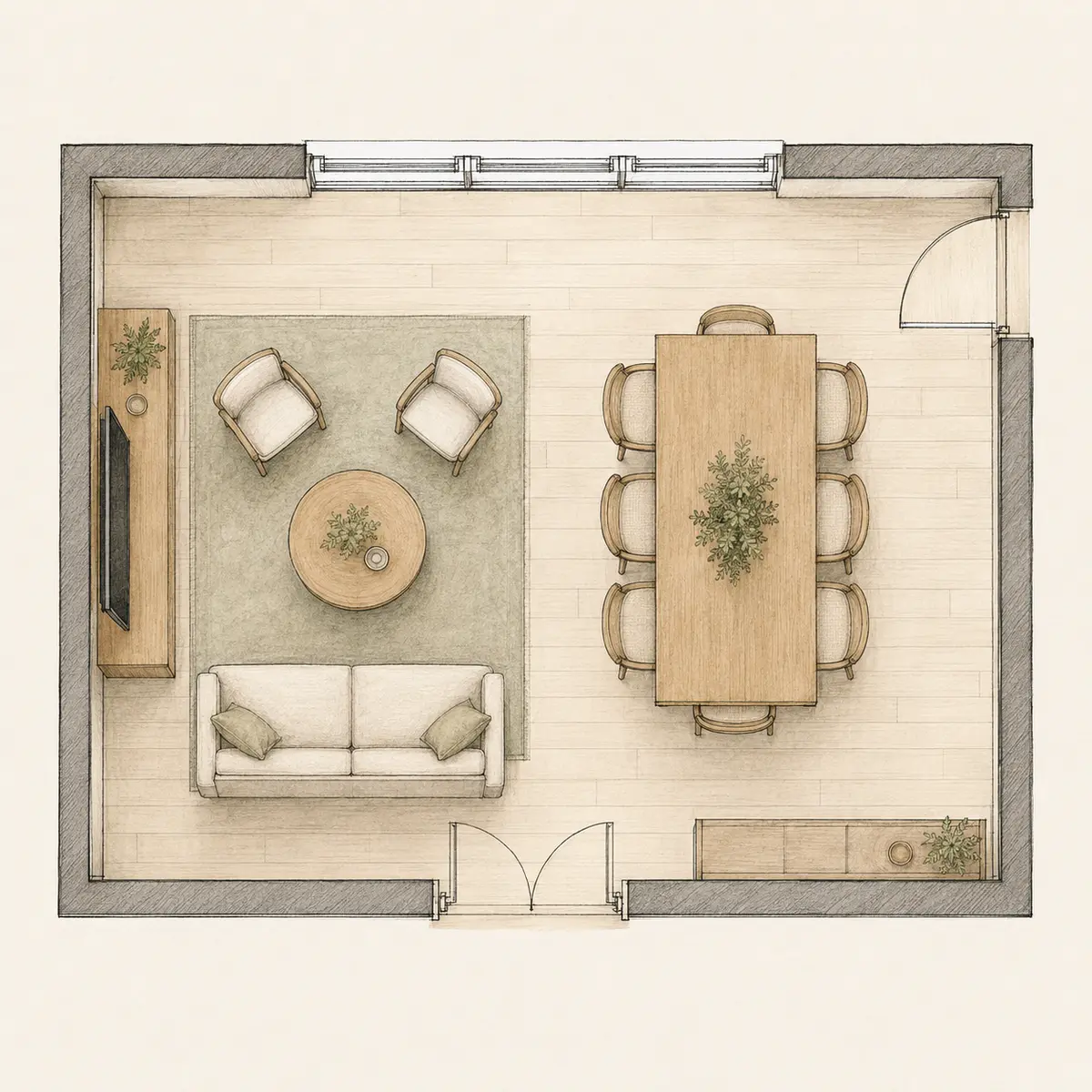 Plan 2D d’aménagement intérieur d’un salon de 24 m²