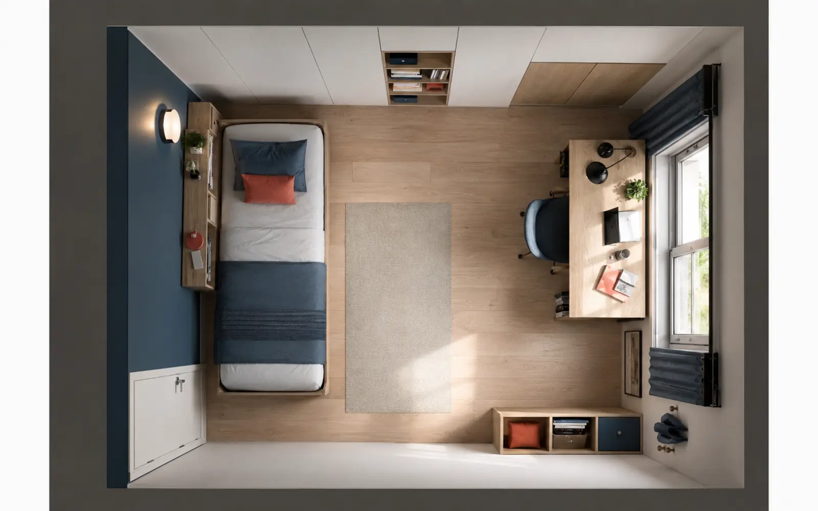 Plan vu du dessus d’une chambre de lycéen de 11 mètres carrés
