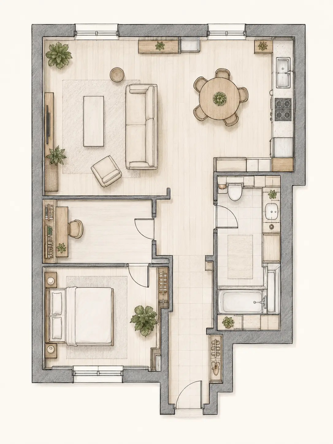 Plan 2D d’un intérieur complet à aménager pièce par pièce