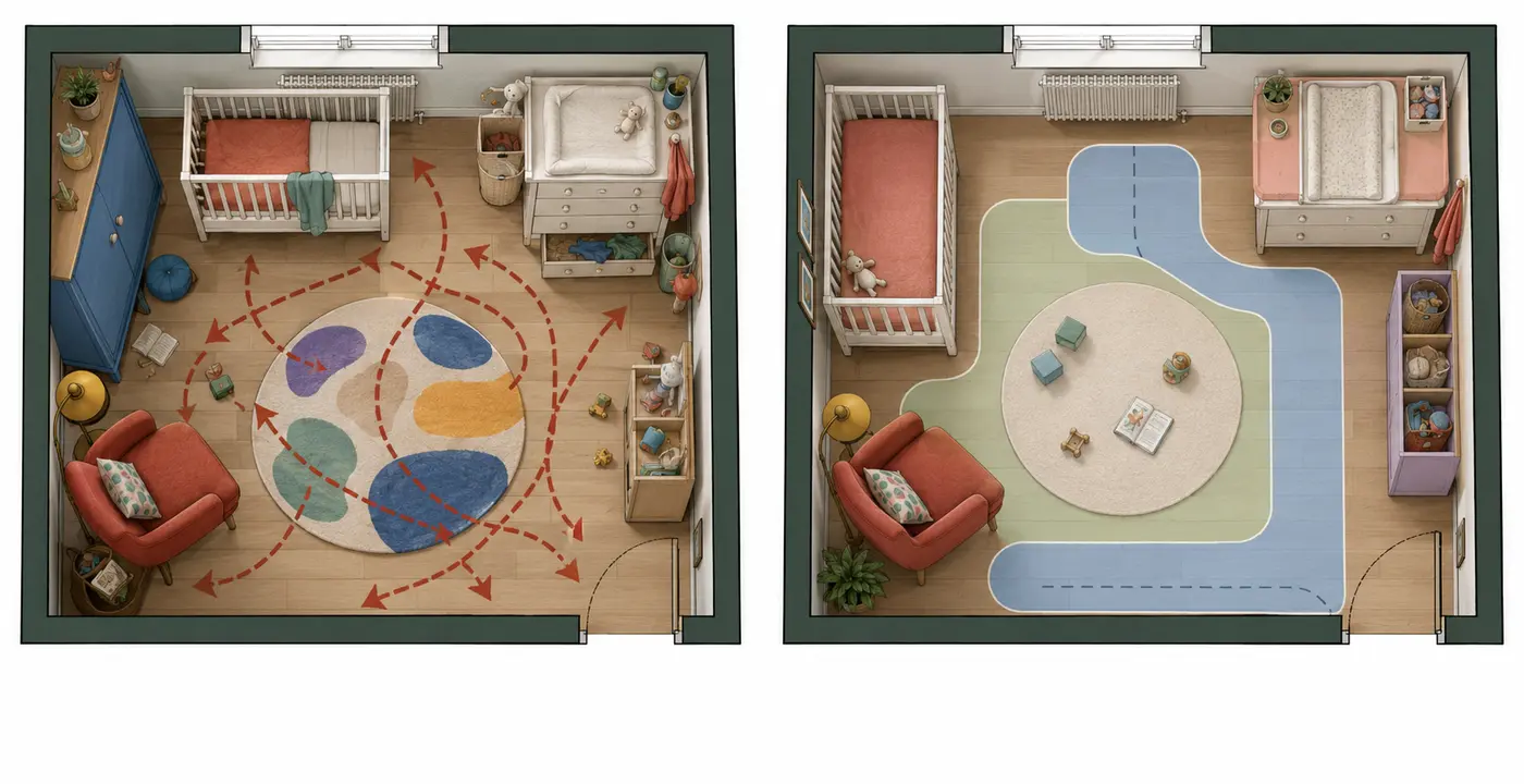 Comparaison d'un plan de chambre de bébé encombré et d'un plan optimisé