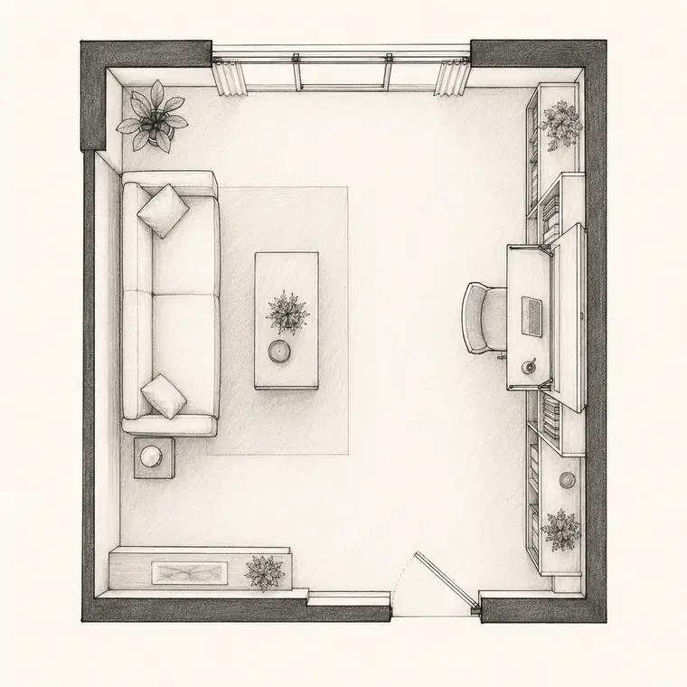 Plan 2D — Un bureau dans le salon