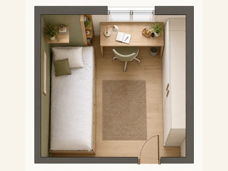 Plan aménagé d’une chambre ado compacte de 8 à 9 mètres carrés