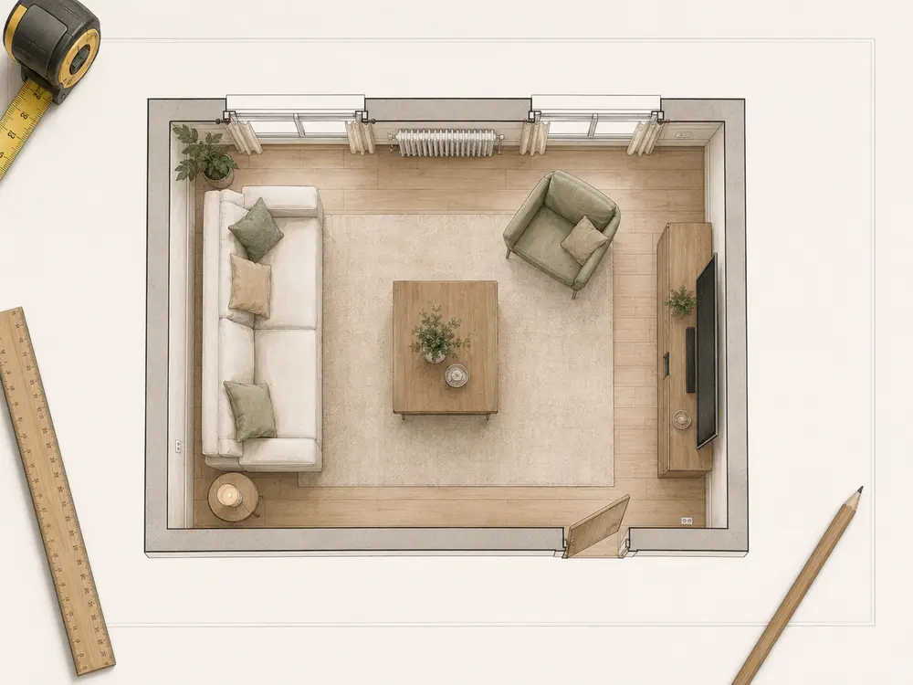 Plan coté d’un salon avec dimensions et dégagements