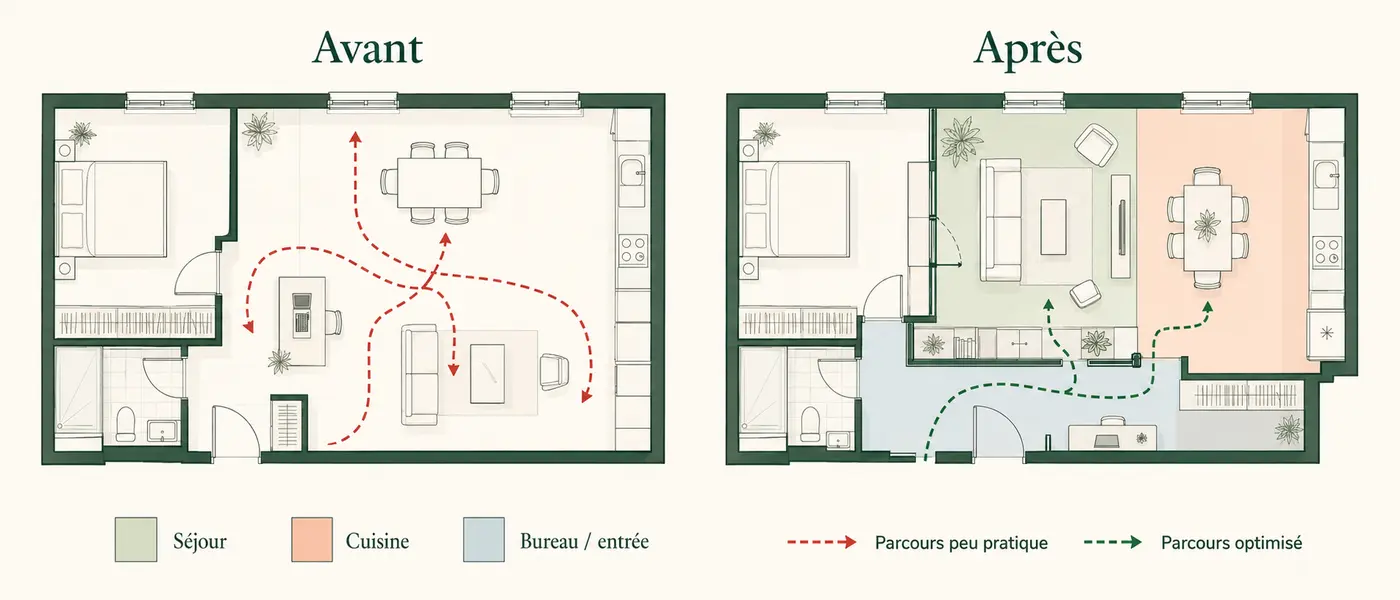 Plans avant et après avec parcours peu pratique et parcours optimisé