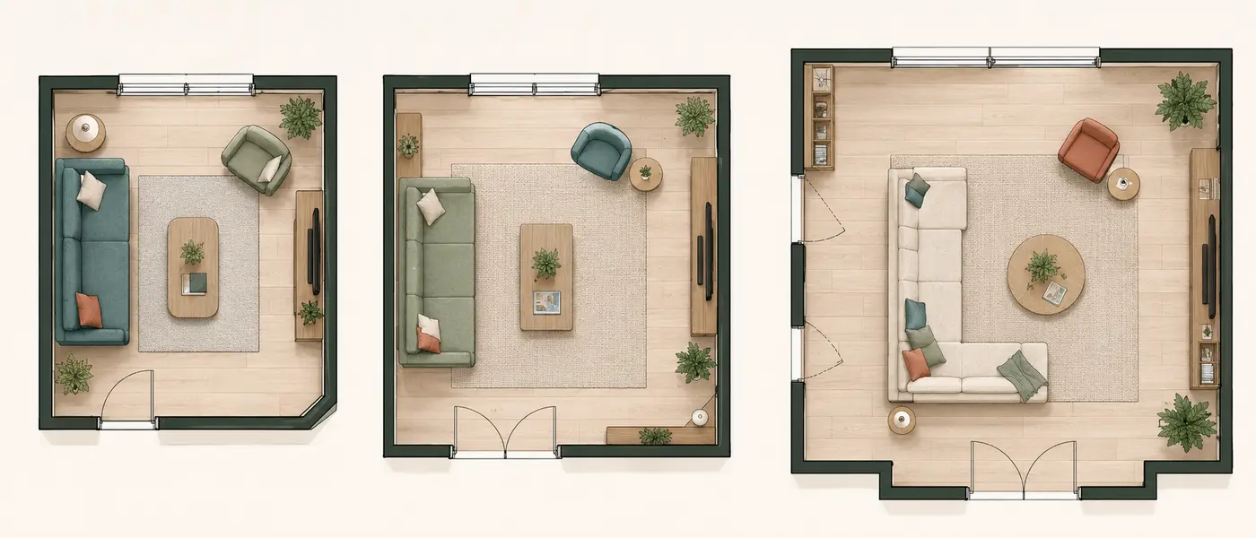 Trois plans de salon compact, moyen et généreux