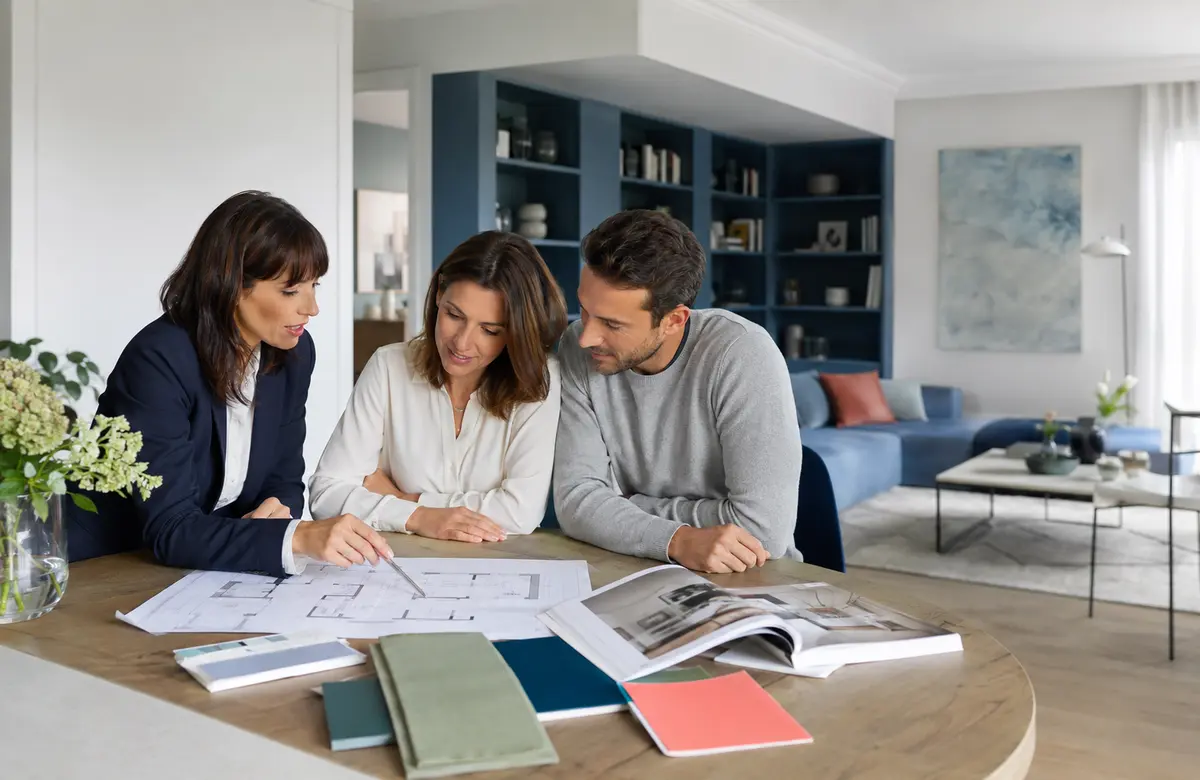 Architecte d’intérieur et clients échangeant autour des plans d’un projet