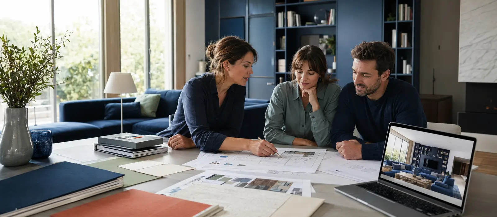 Architecte d’intérieur présentant des plans, un planning et une vue 3D à un couple