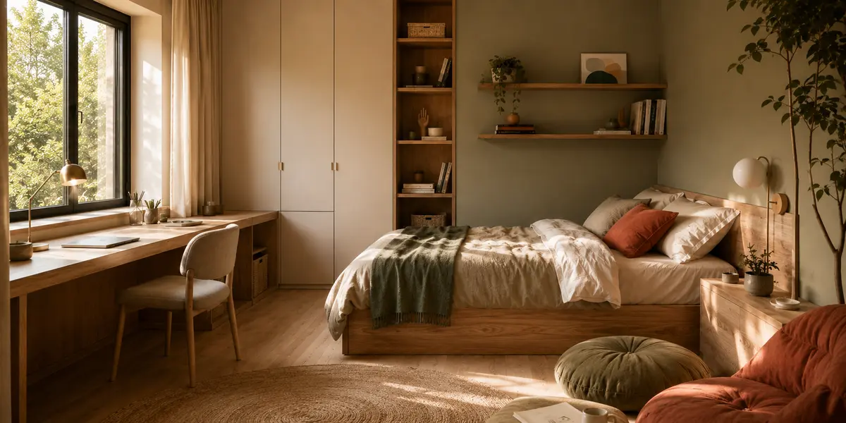 Projet 3D d’une chambre d’adolescent avec lit, bureau et rangements