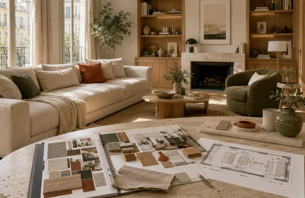 Salon cohérent préparé avec un plan, un moodboard et des échantillons