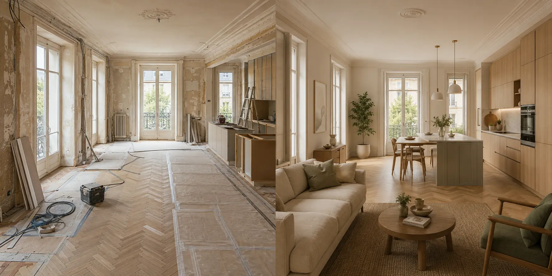 Même appartement pendant les travaux puis entièrement rénové