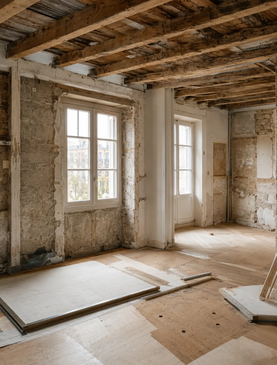 Pièce en rénovation avec structure apparente