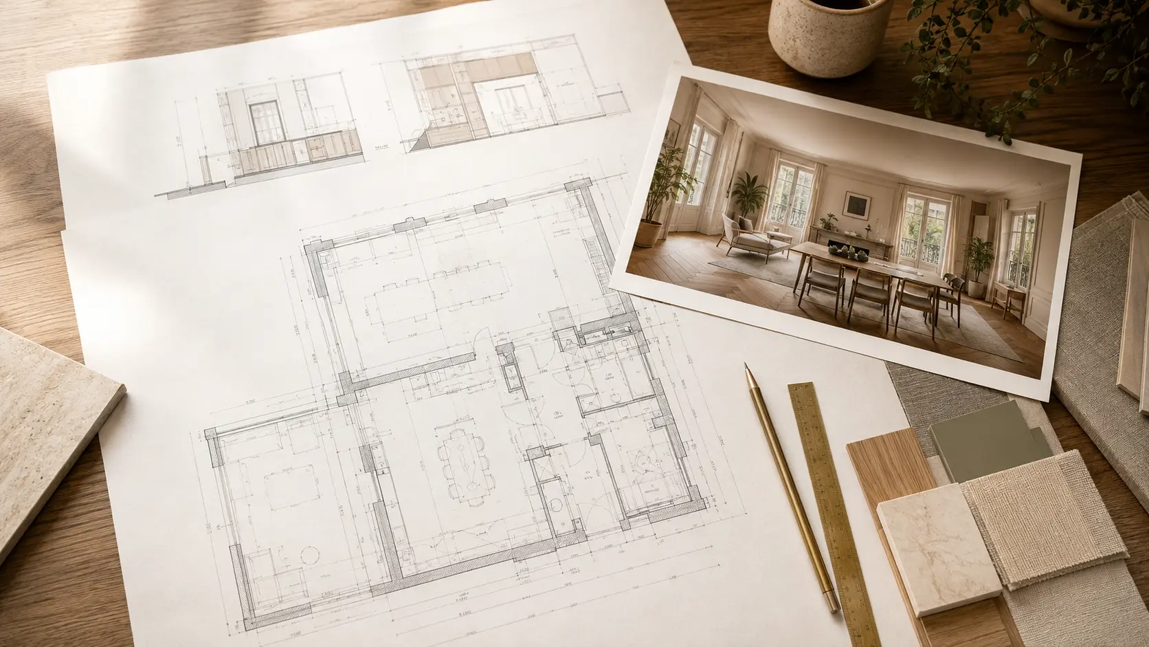 Plans d’architecte, matériaux et vue d’un intérieur rénové