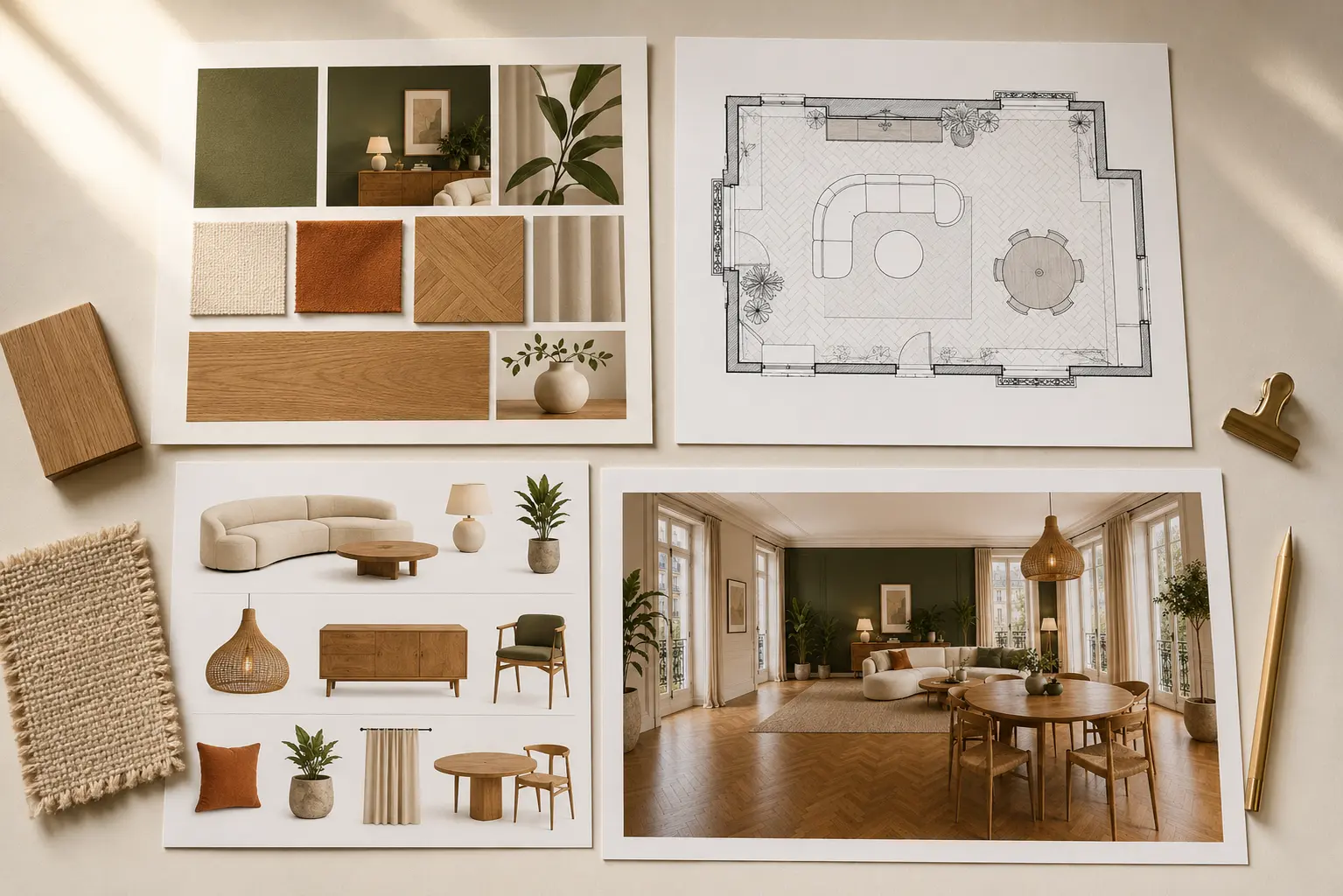 Moodboard, plan 2D, shopping list et vue 3D réunis