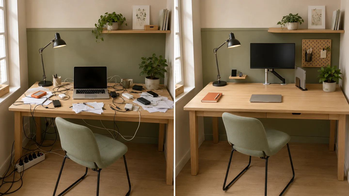 Petit bureau encombré puis réorganisé avec rangements compacts