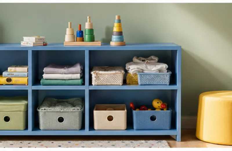 Rangement bas bleu pour vêtements et jouets