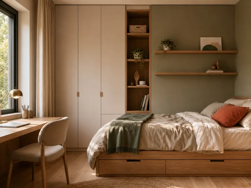 Rangements fermés, tiroirs sous le lit et étagères dans une chambre ado
