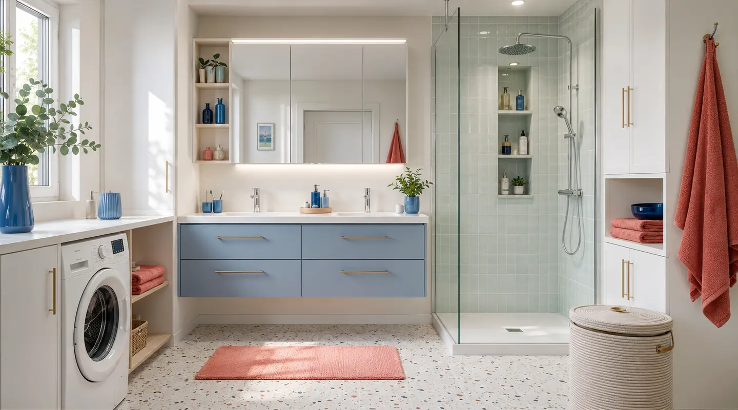 Salle de bain optimisée avec rangements intégrés et circulation dégagée