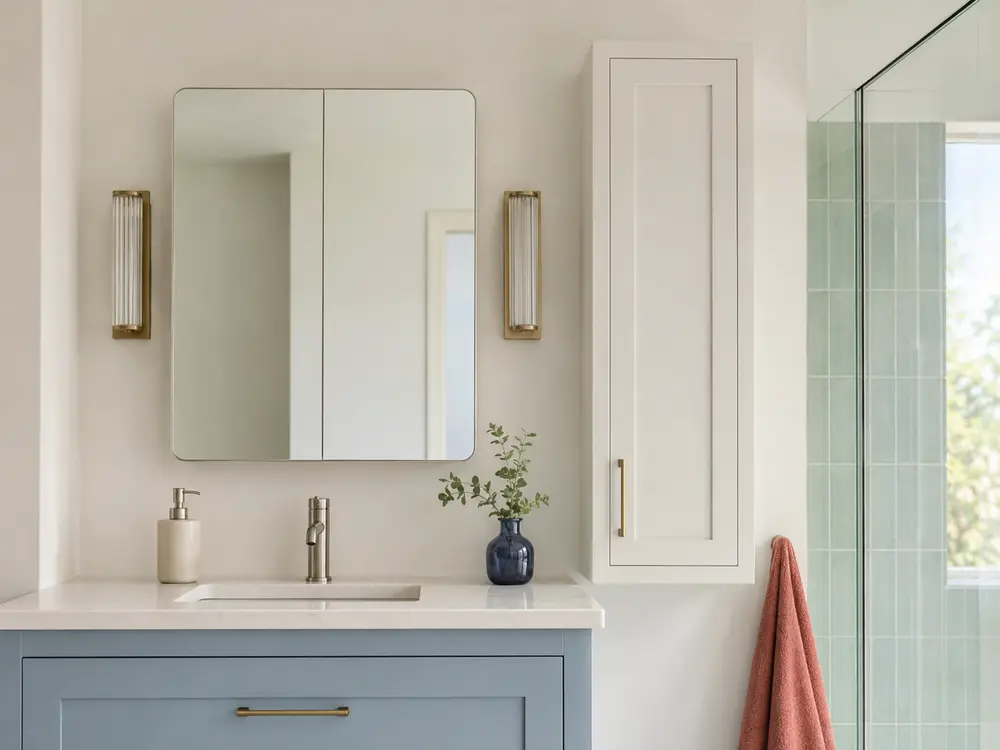 Armoire miroir et meuble mural fermé dans une salle de bain