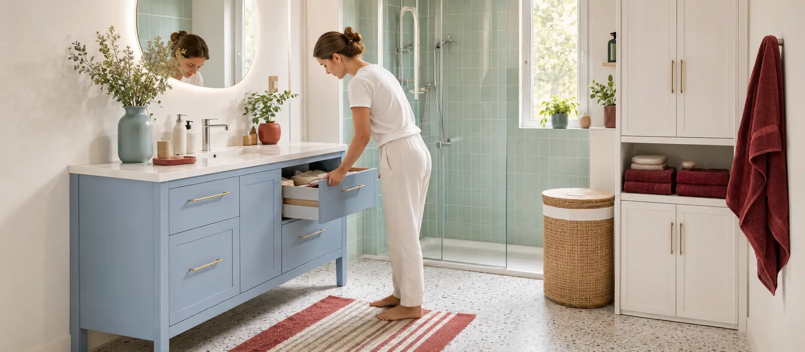 Salle de bain organisée avec meuble vasque bleu, douche vert d’eau et rangements fermés