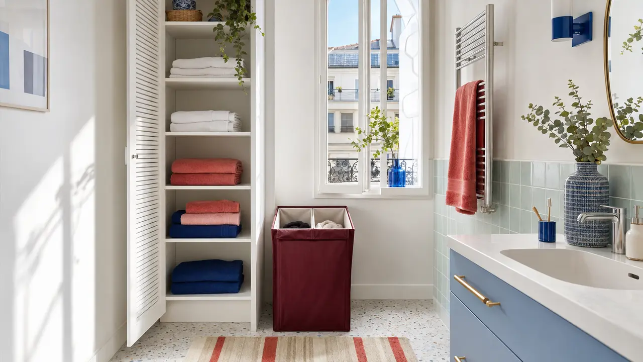 Rangement du linge propre, panier à linge et sèche-serviettes dans une salle de bain