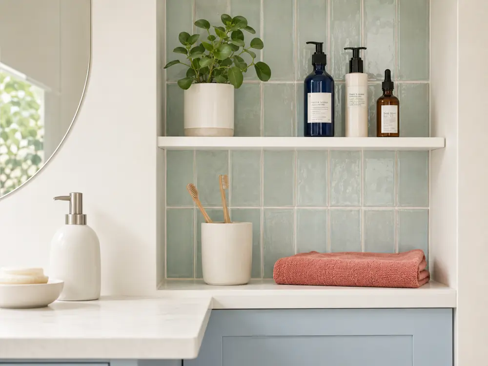 Niche ouverte et ordonnée dans une salle de bain