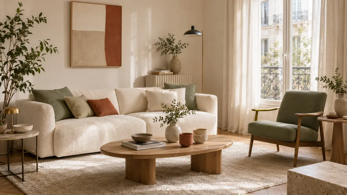 Salon ivoire, vert sauge et terracotta illustrant la règle 60-30-10