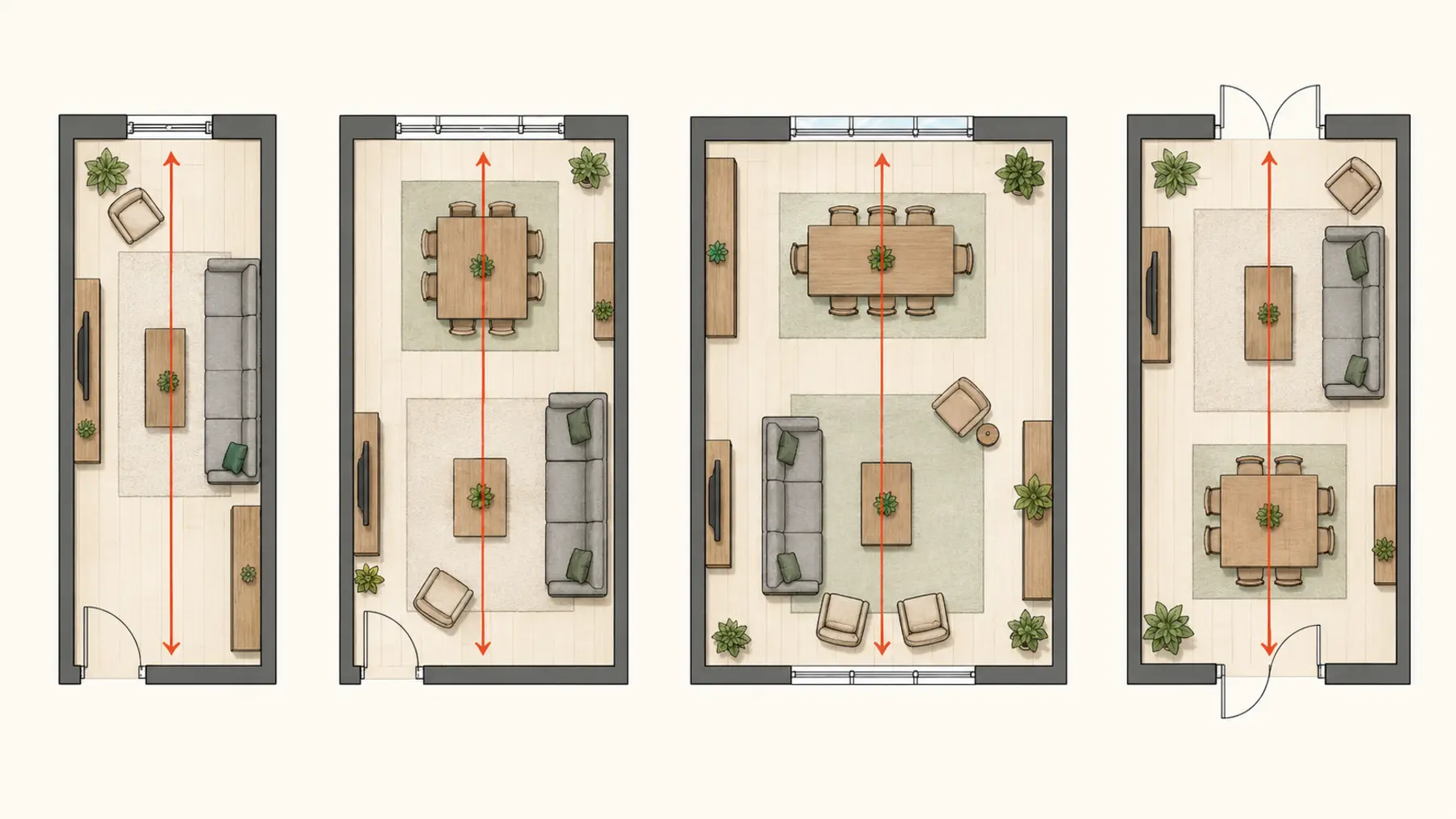 Quatre plans de salons rectangulaires étroit, équilibré, large et traversant