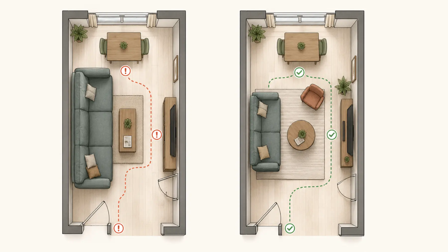 Comparaison en plan d’un salon encombré et d’une implantation corrigée