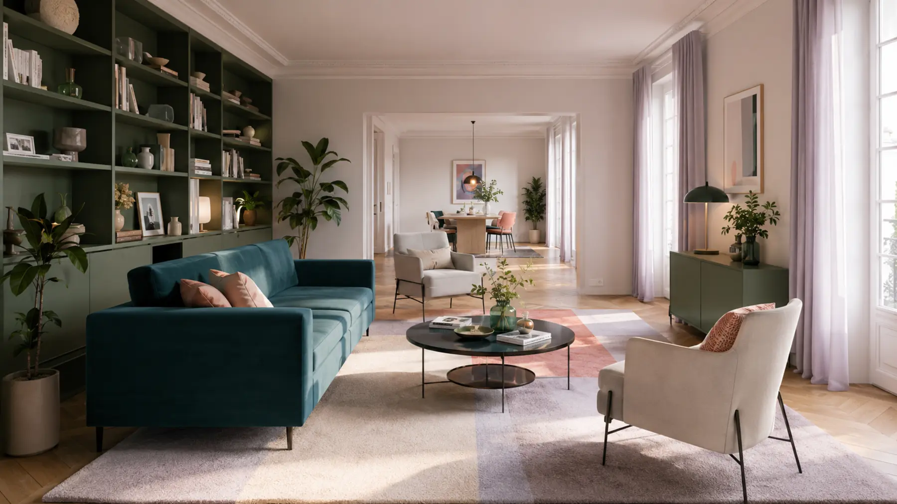 Salon rectangulaire optimisé avec canapé perpendiculaire et rangement intégré