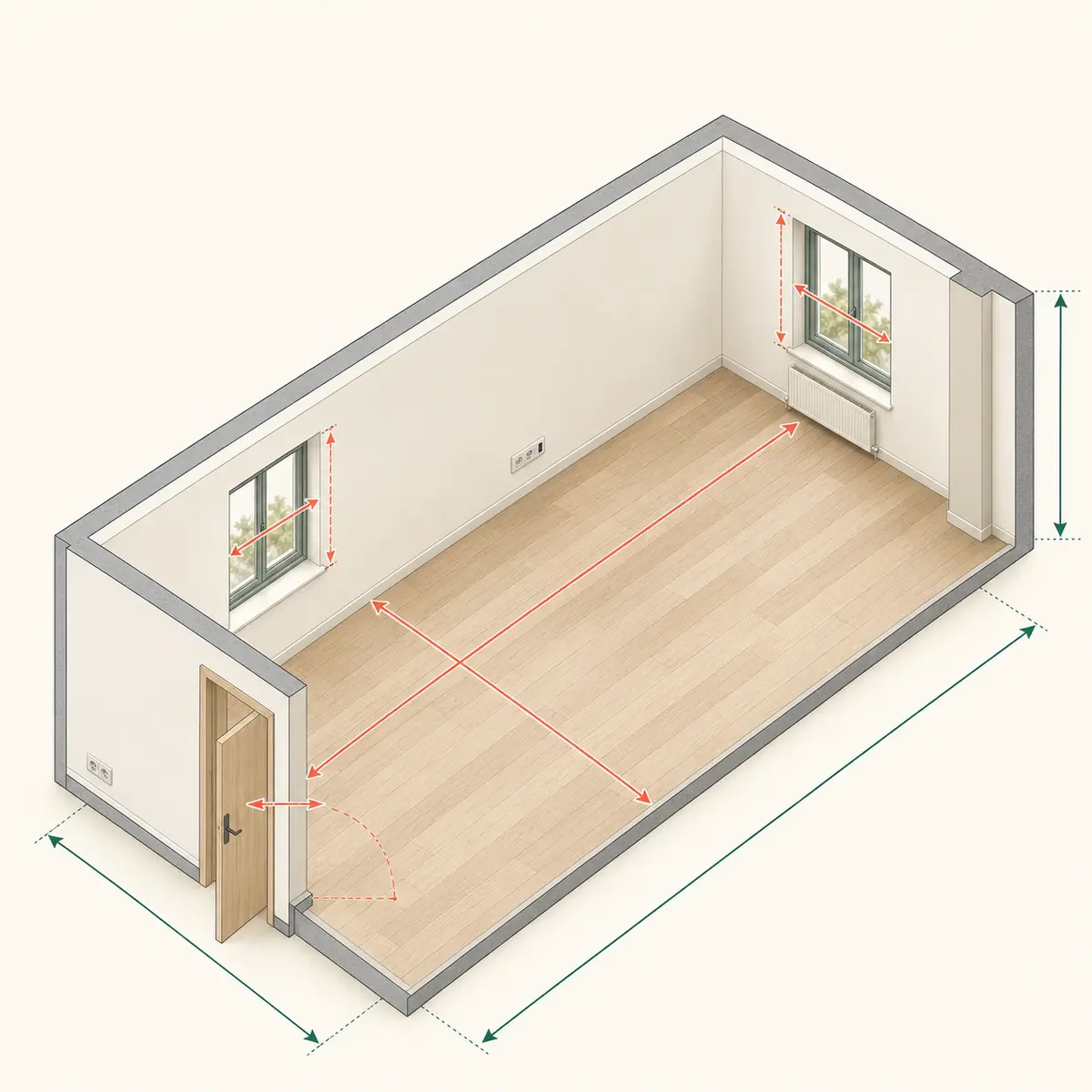 Pièce rectangulaire en vue axonométrique avec flèches de mesure