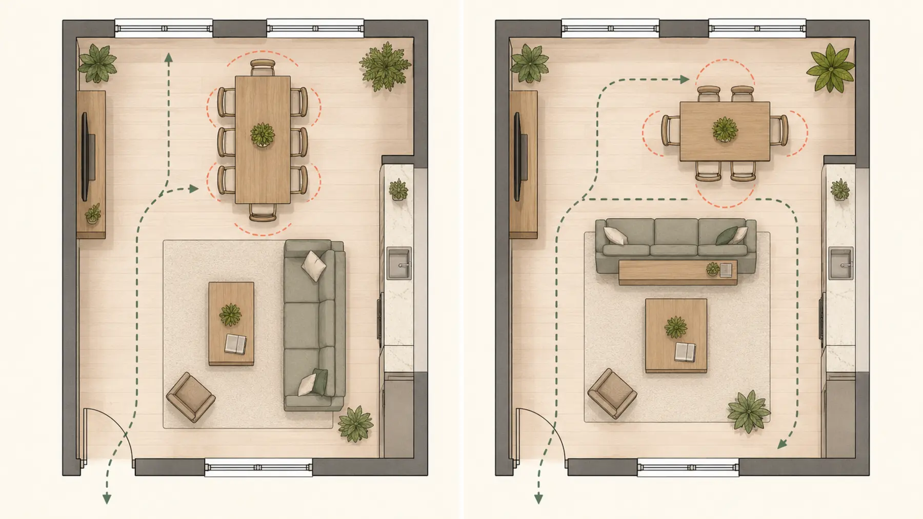 Deux plans de salon salle à manger avec table dans l’axe ou perpendiculaire