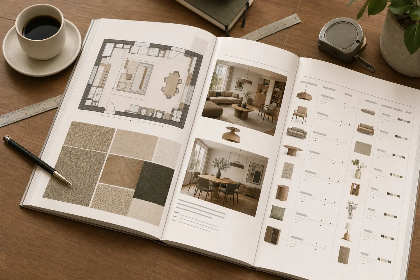Dossier de shopping list d’architecte d’intérieur avec plan 2D, mobilier, prix et références