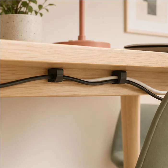 Clips adhésifs sous un plateau de bureau