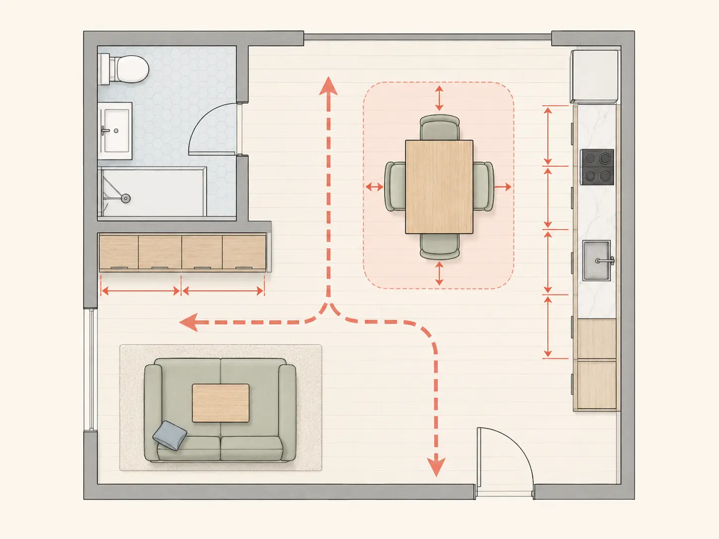 Schéma des passages à conserver dans un studio de 20 m²