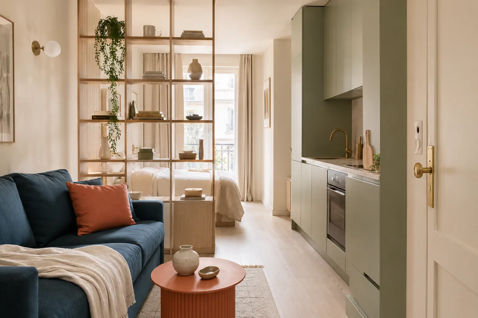 Studio aménagé avec séparation légère entre salon et couchage