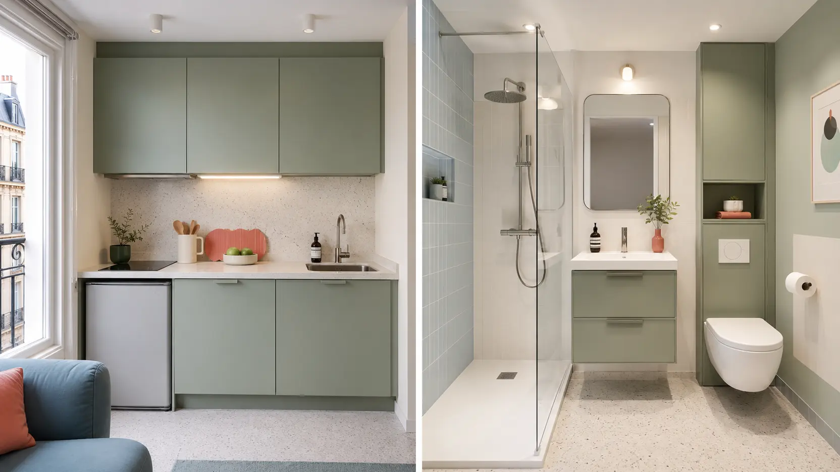 Kitchenette et salle d’eau compactes pour studio
