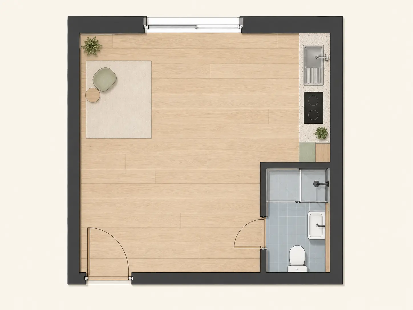 Plan existant d’un studio rectangulaire de 20 m²