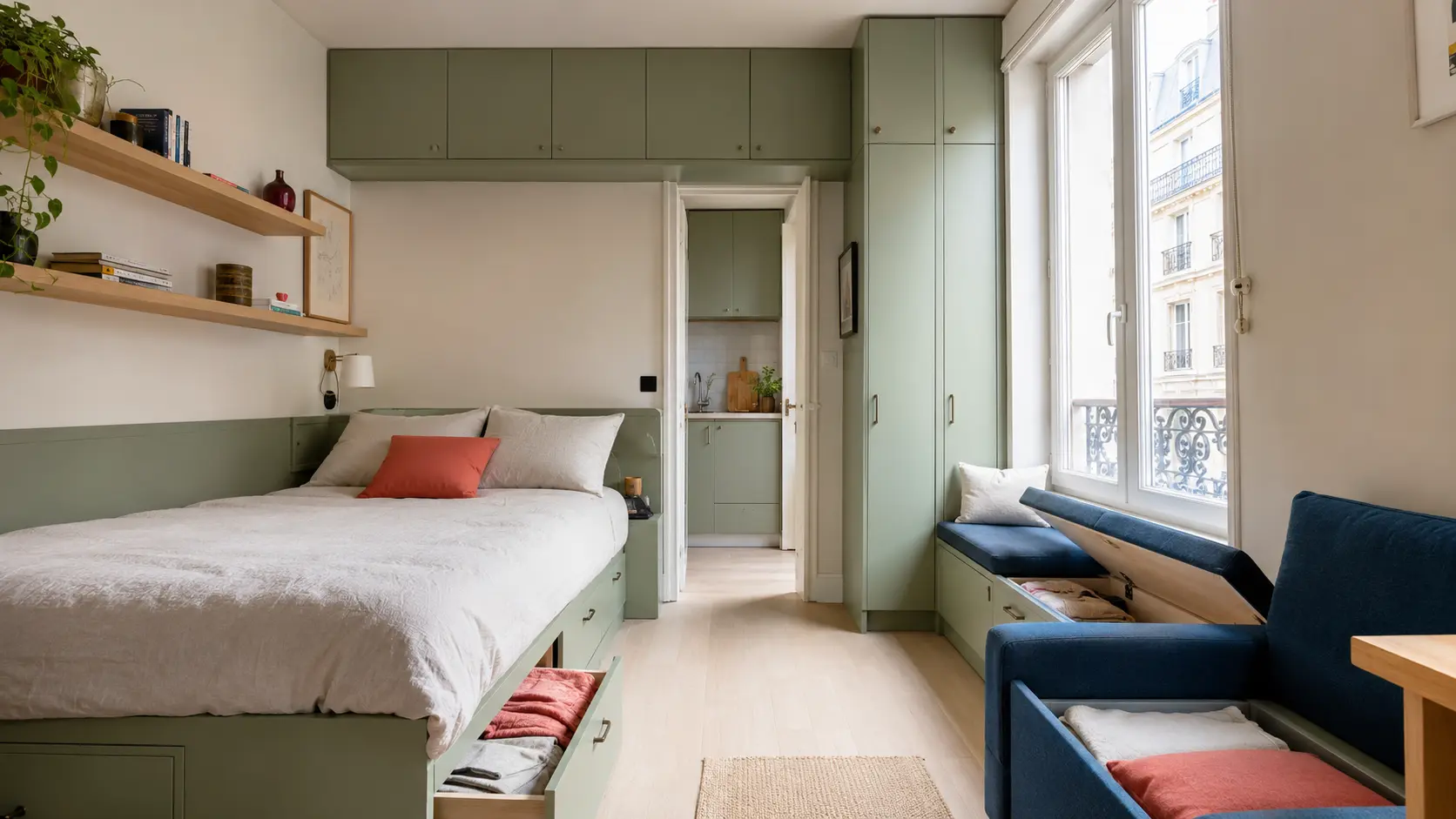 Rangements intégrés dans tous les recoins d’un studio