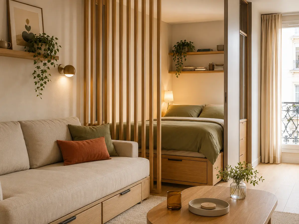 Canapé à tiroirs et lit en alcôve dans un studio