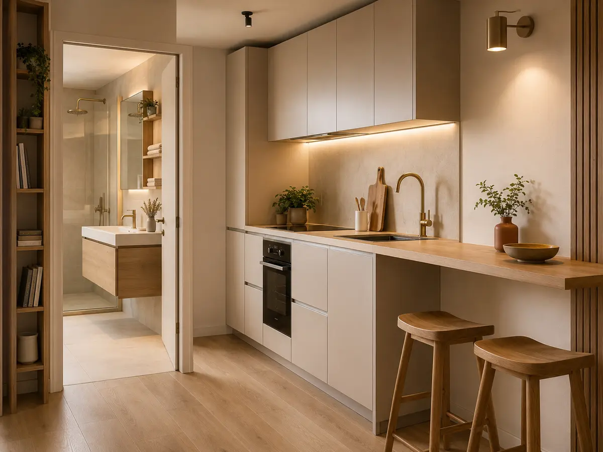 Cuisine compacte et salle d’eau avec meubles suspendus