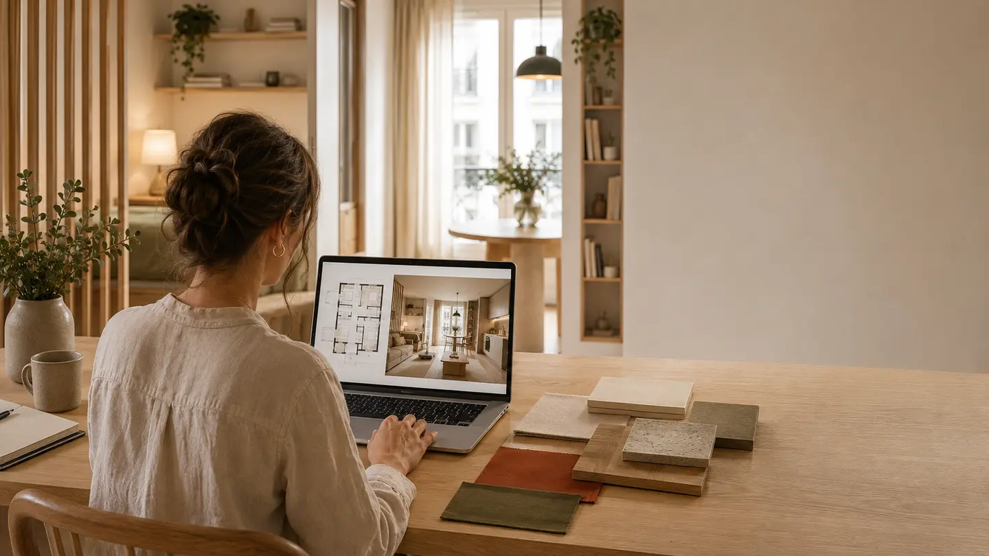 Architecte d&rsquo;int&eacute;rieur travaillant sur le plan et le rendu 3D d&rsquo;un studio