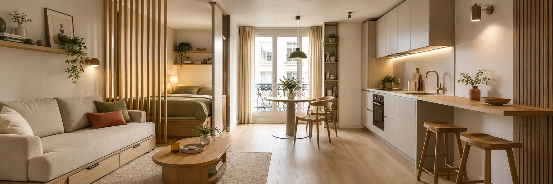 Studio de 20 m² optimisé avec salon, coin nuit, cuisine et rangements