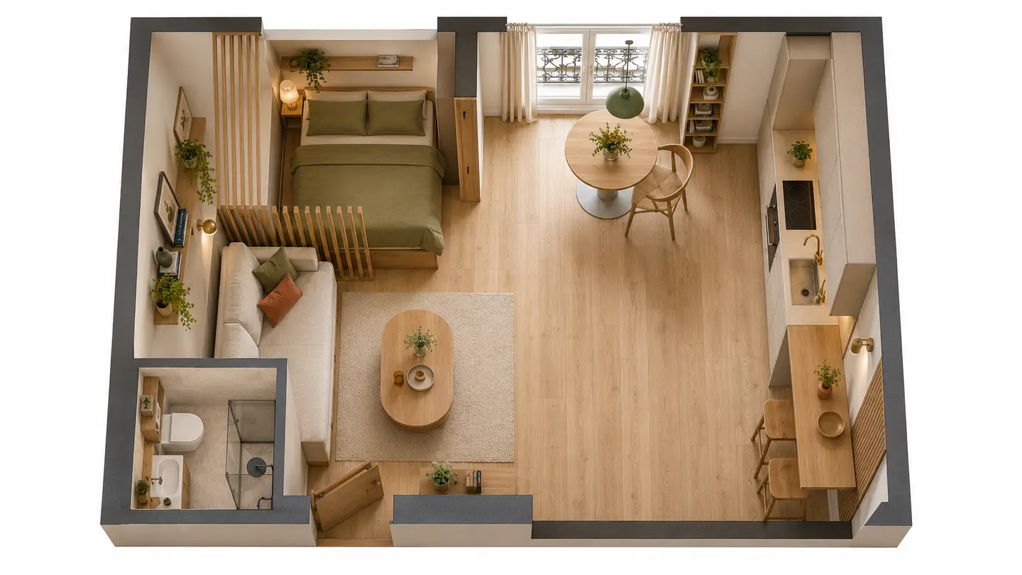 Plan 3D d’un studio de 20 m² optimisé