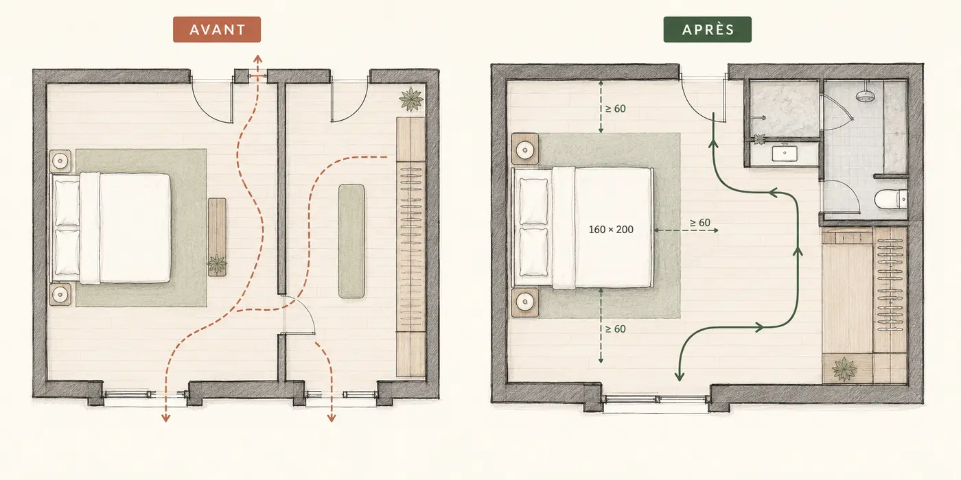 Plans avant et après la transformation de deux pièces en suite parentale