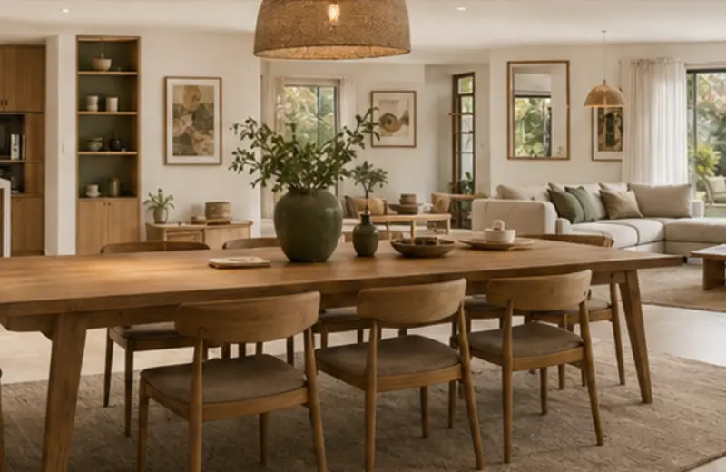 Table en bois reliant cuisine et salon