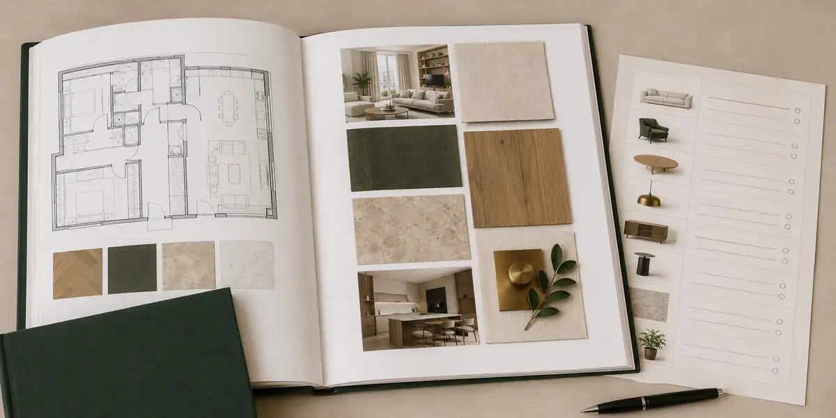 Dossier complet de visualisation 3D avec plan 2D, moodboard et shopping list