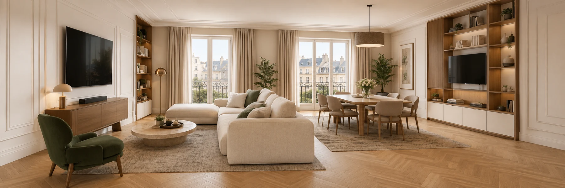 Vue générale du salon, de l’espace repas et des rangements sur mesure