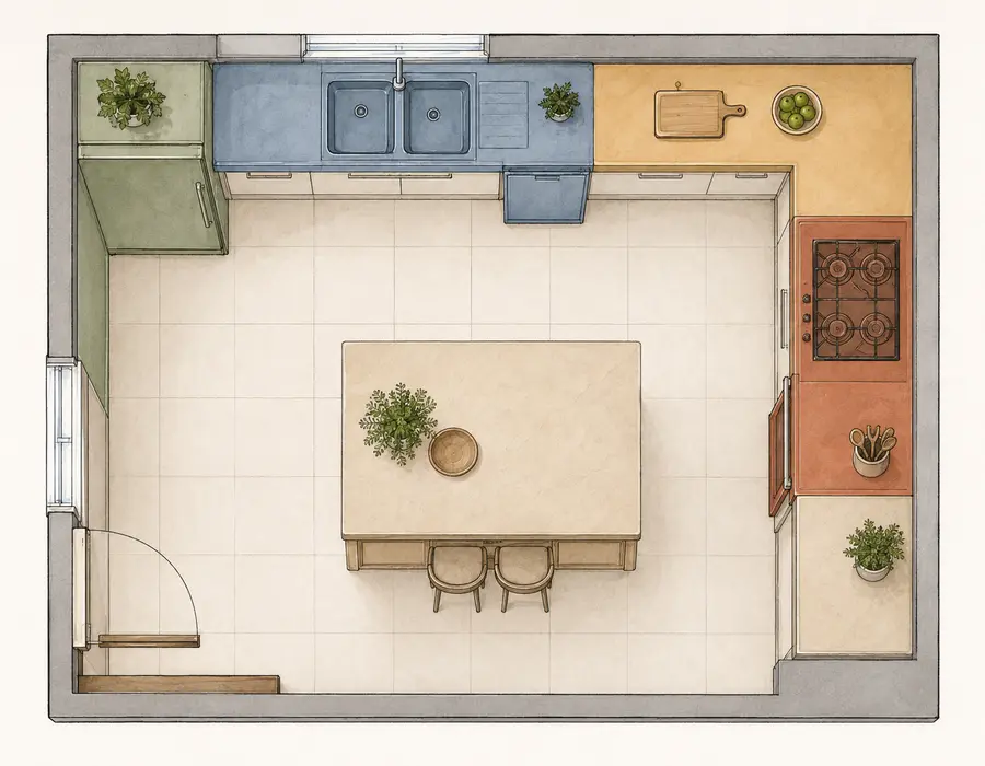 Plan de cuisine vu du dessus avec zones de rangement, lavage, préparation, cuisson et service